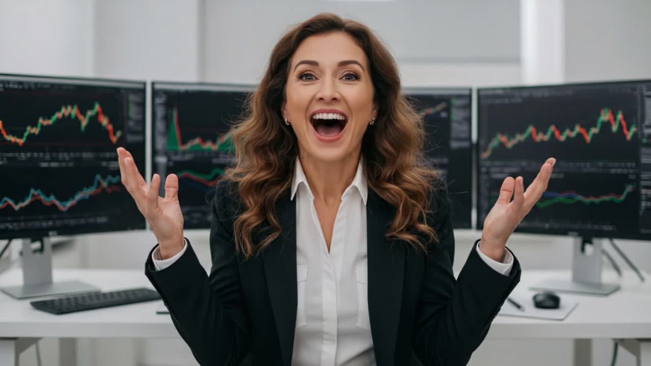A Joyful Female Trader Celebrating Success in Front of Multiple Stock Market Monitors Filled with Graphs and Data Visualizations