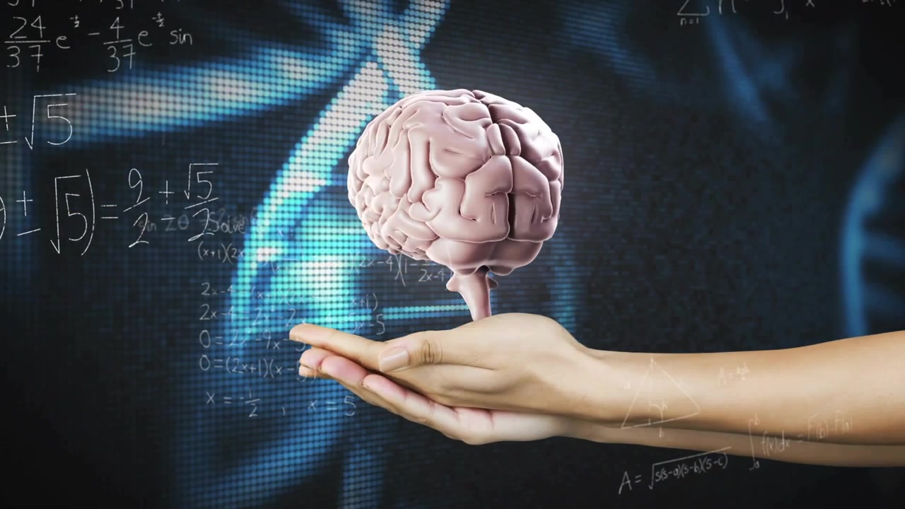 Bare arm entering, creating brain above palm, rotating and centering, showing science with DNA math