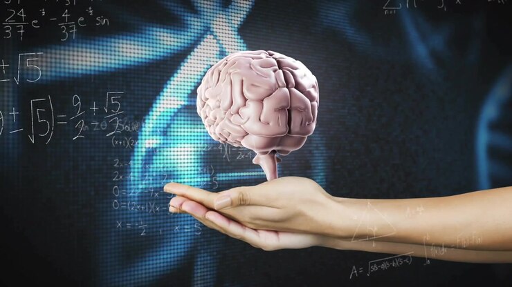 Bare arm entering, creating brain above palm, rotating and centering, showing science with DNA math