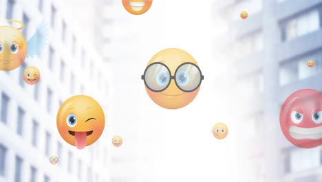 Animación-De-íconos-Emoji-Volando-Sobre-Edificios-De-Oficinas-Modernos