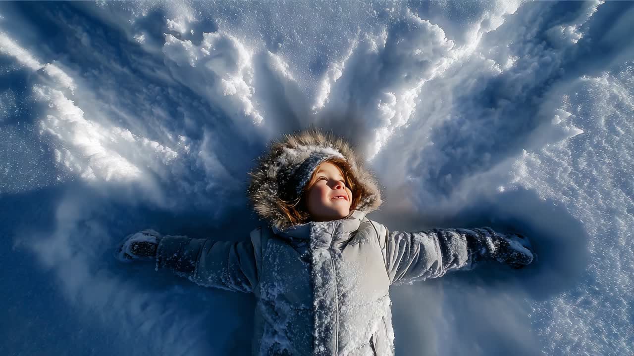 A child joyfully creates snow angels in a snowy landscape, wearing a cozy jacket and fur-lined hood, embracing the magic of winter with a beaming smile amidst the pristine white snow