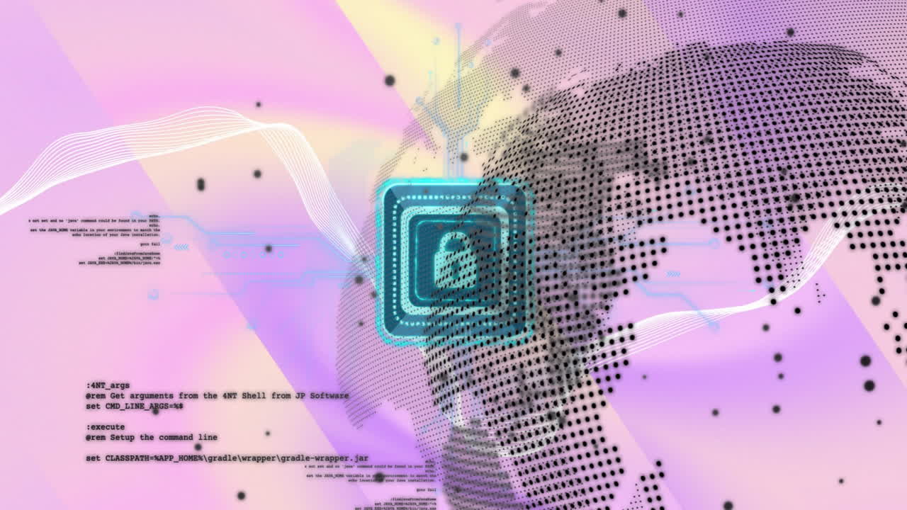 전 세계에 대한 연결 네트워크와 락 아이콘의 애니메이션