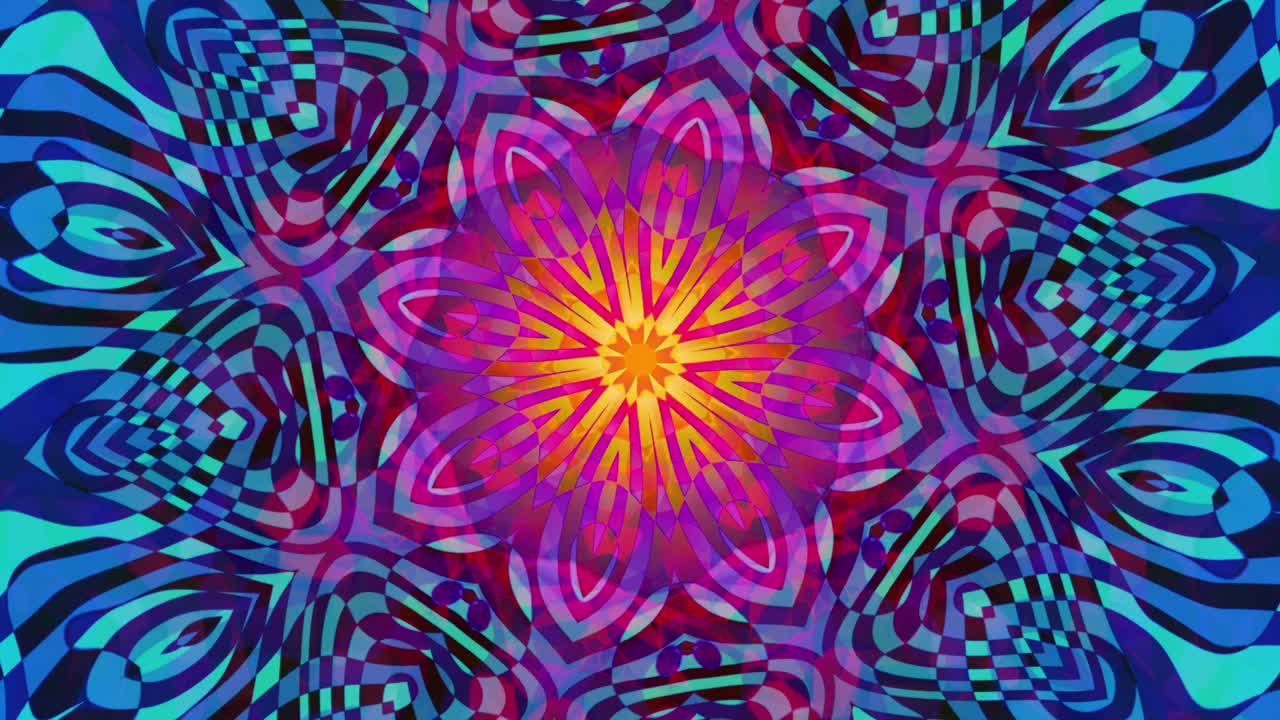 Hypnotic Kaleidoscopic Mandala Pattern with Shifting Orange, Blue, and Purple Fractal Designs in a Seamless Loop