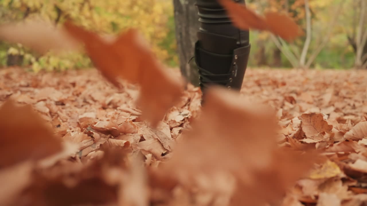 Serene stroll through autumn woodland terrain, Leather boots pattering softly across colorful fall forest floor, Peaceful walk in autumn woods with leather shoed steps delicately making way