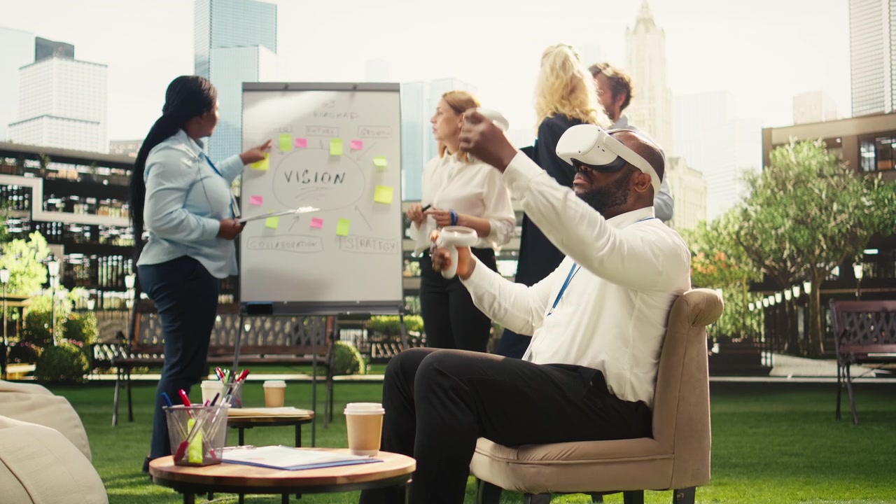 Businessman Using Virtual Reality Headset During Office Meeting on Rooftop