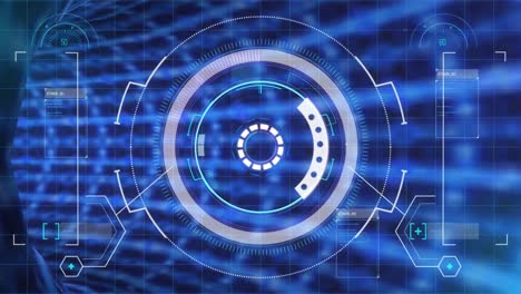 Digital-animation-of-round-neon-scanner-against-digital-interface-with-data-processing-over-glowing-