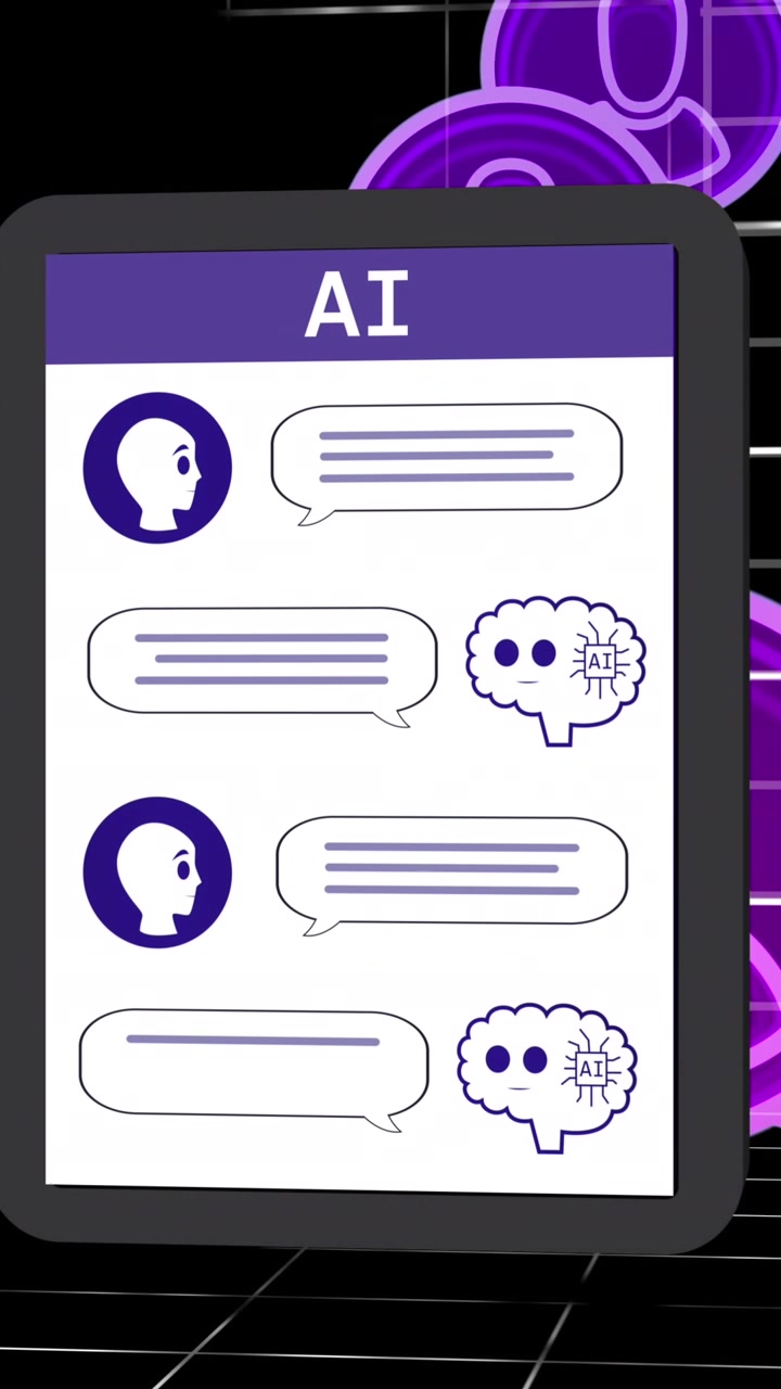 Animation af AI-chat og databehandling over tabletskærm og gitter