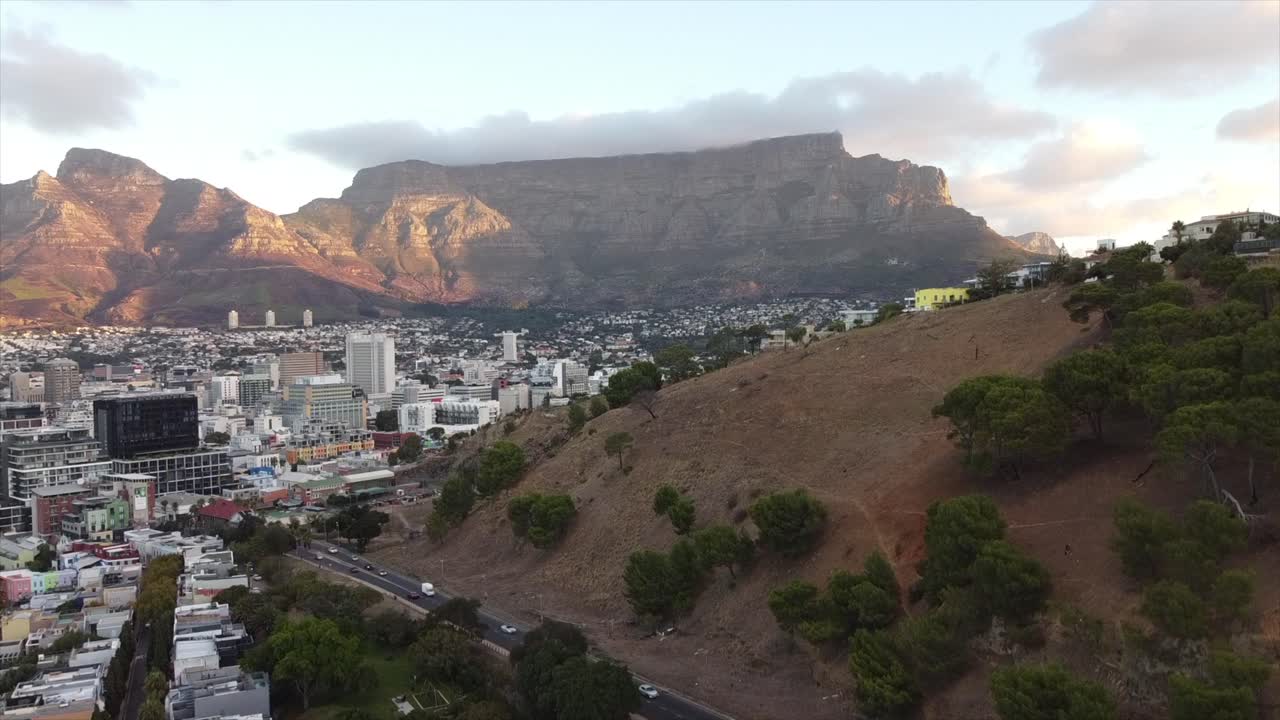 Drone shot of Table Mountain Cape Town South Africa at Sunset