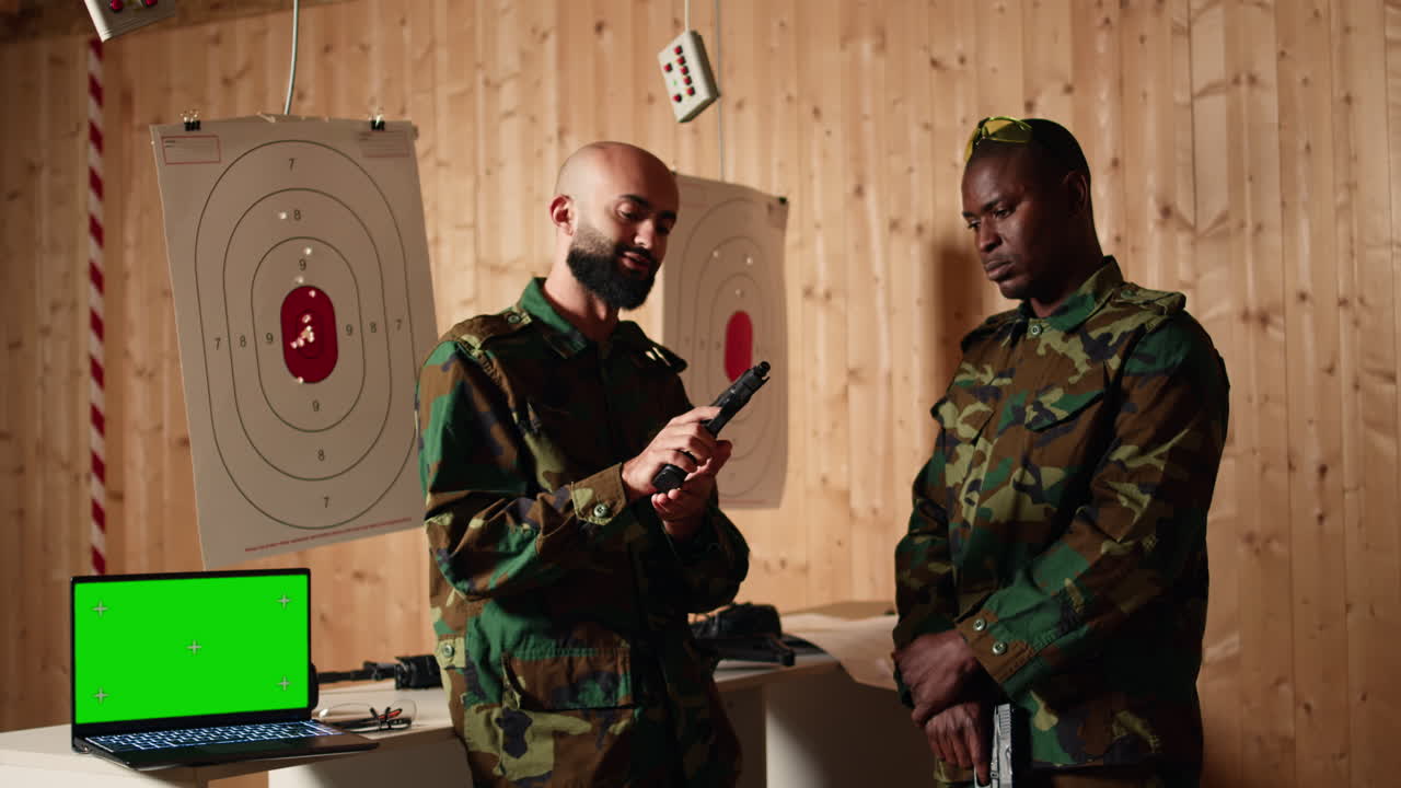 무기 사용 훈련장에서 군인 에 있는 모형 노트북