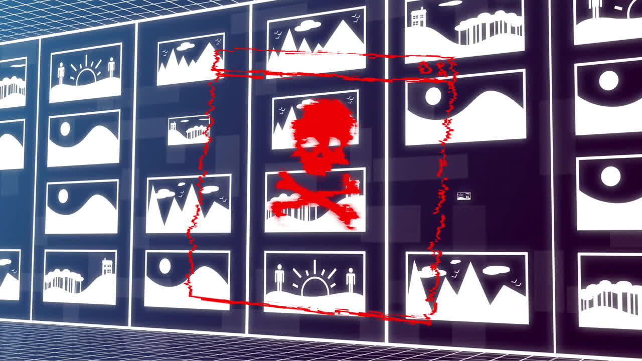 두개골과, 이진 코딩 및 ai 화면에서 데이터 처리를 가진 악성 코드 텍스트의 애니메이션