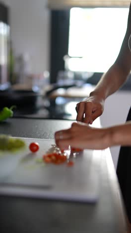 chopping vegetables in kitchen