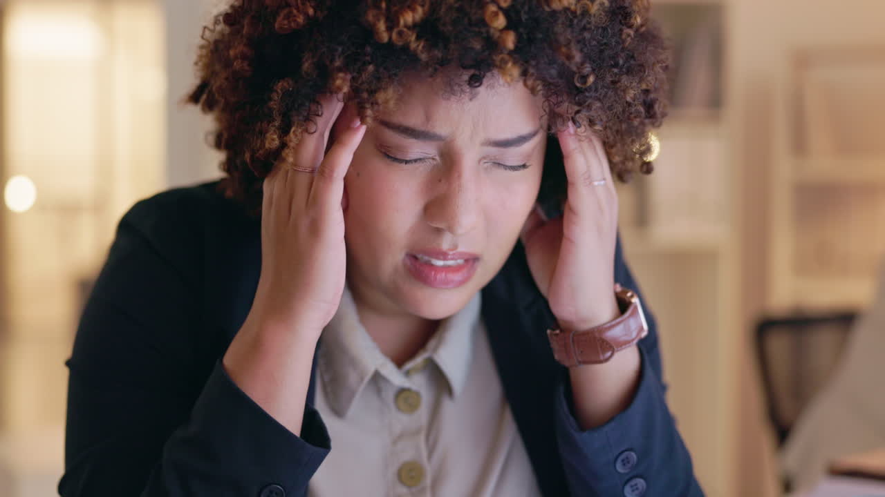 Employee, night and woman with a headache