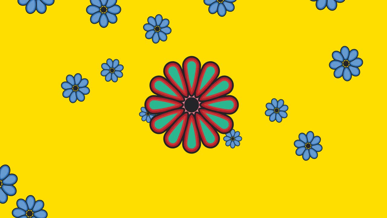 animación de múltiples flores que se mueven sobre un fondo amarillo