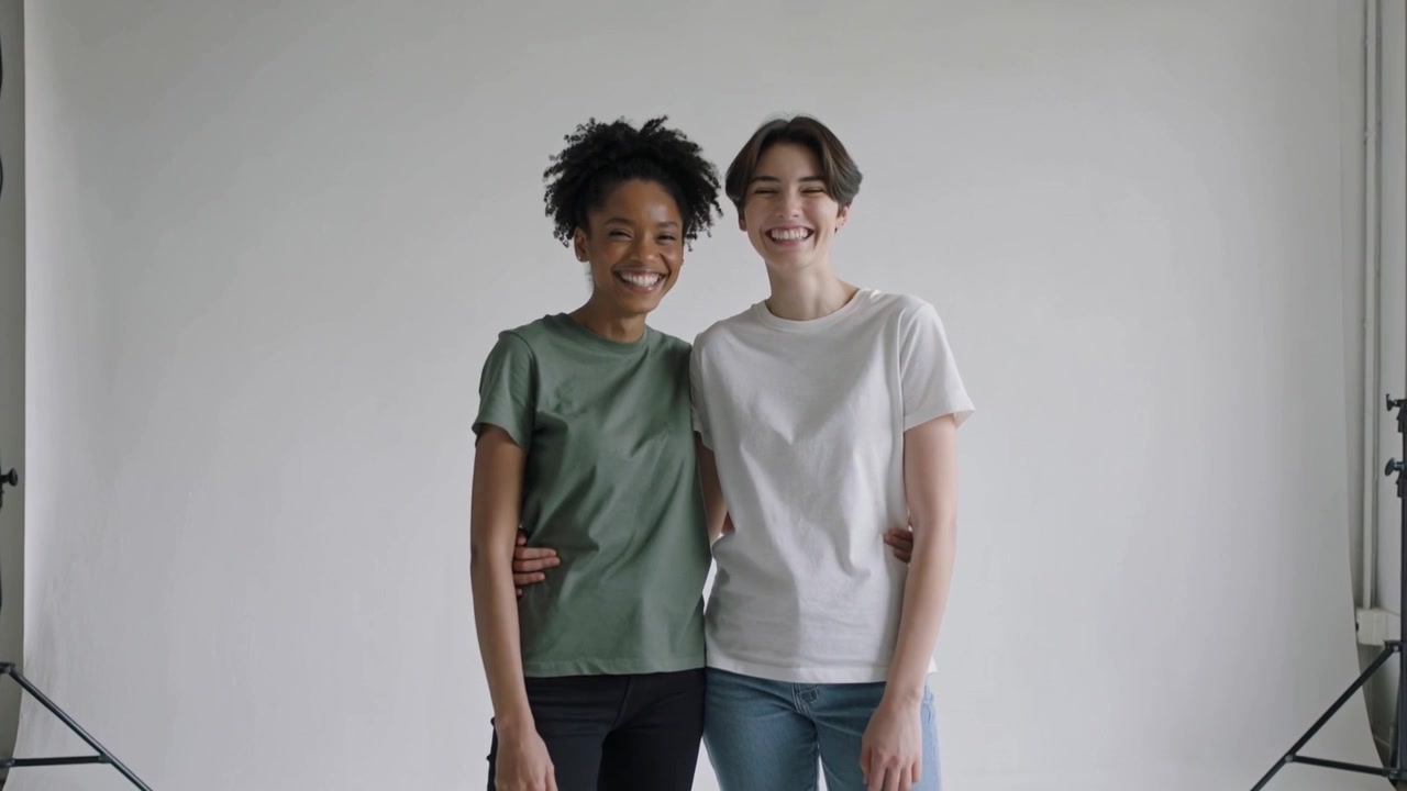 Camera cropping closer pair in green white tees smiling glancing against white backdrop in studio