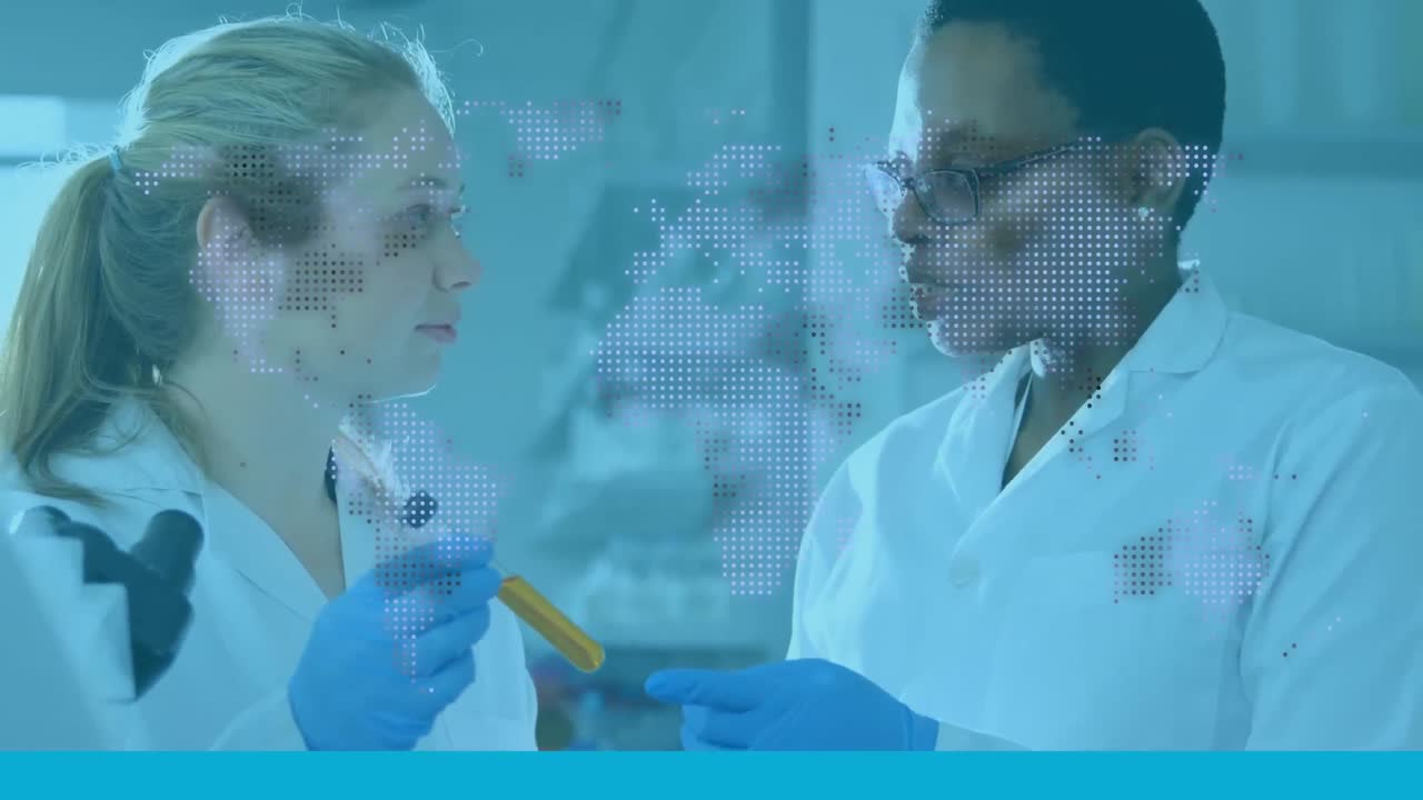 Animation of world map over diverse doctors in lab