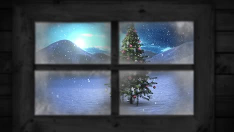 Animation-of-window-view-of-christmas-tree-and-winter-landscape