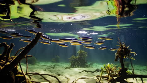 sunlit underwater scene with schools of fish and submerged roots