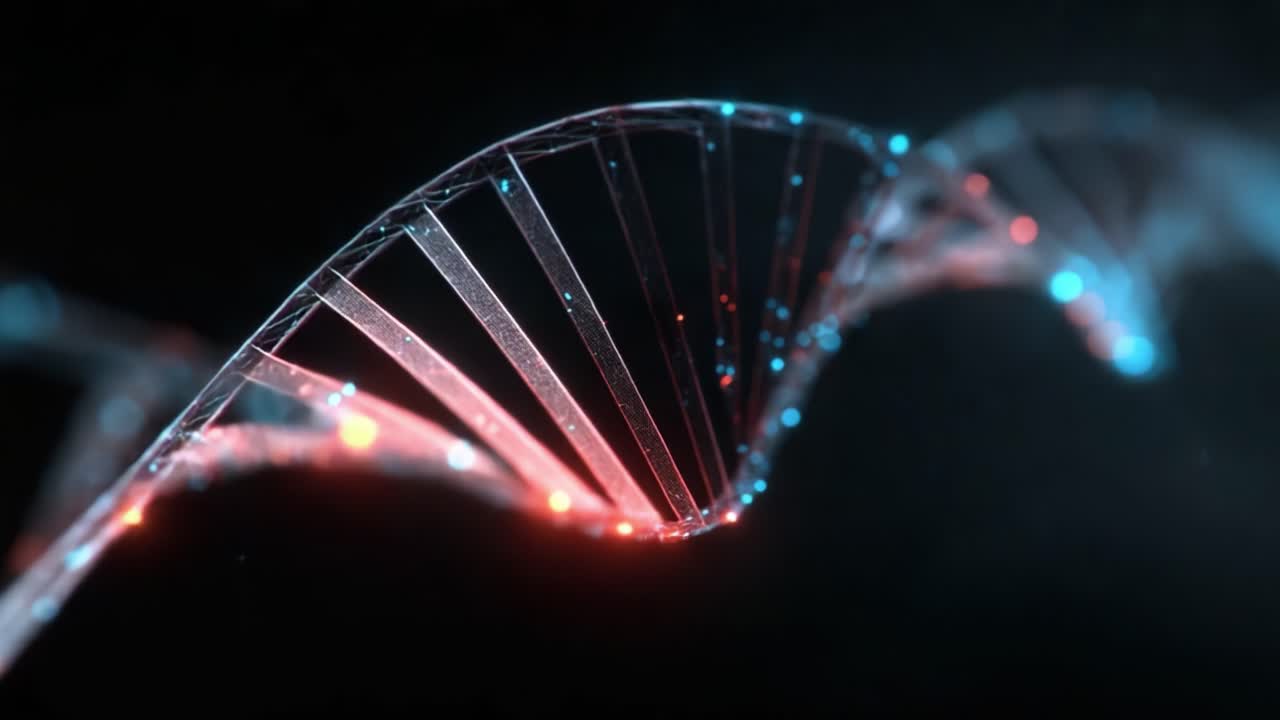Exploring the Genetic Code: An Artistic Representation of DNA's Double Helix Structure Highlighting Its Intricate Design in Glowing Red and Blue Lights