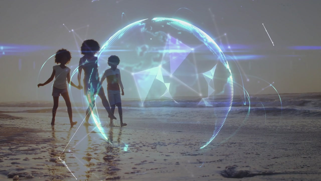 After frames woman and children walking along sand, nodes forming holographic globe showing tech