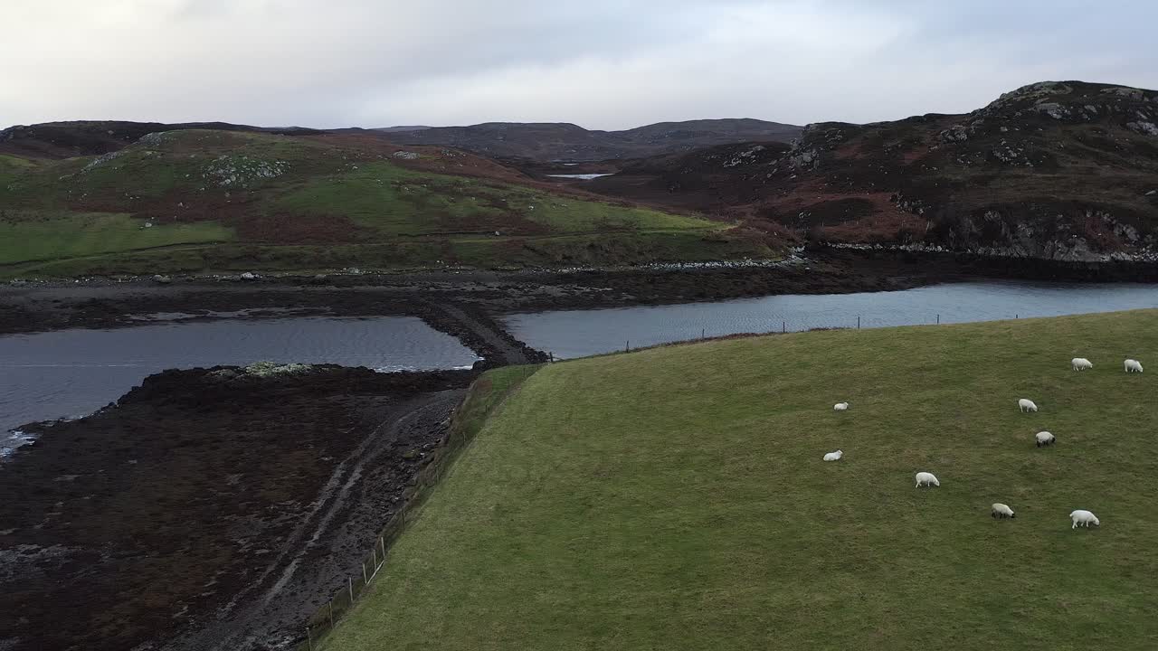 Drone shot of a path leading to a causeway to St Columba's island on Lewis