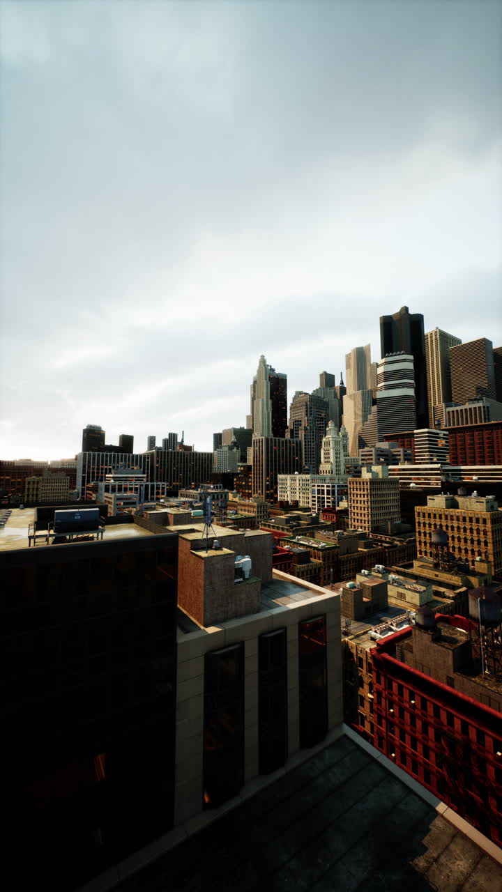Una vista panoramica di uno skyline cittadino con grattacieli e cielo nuvoloso