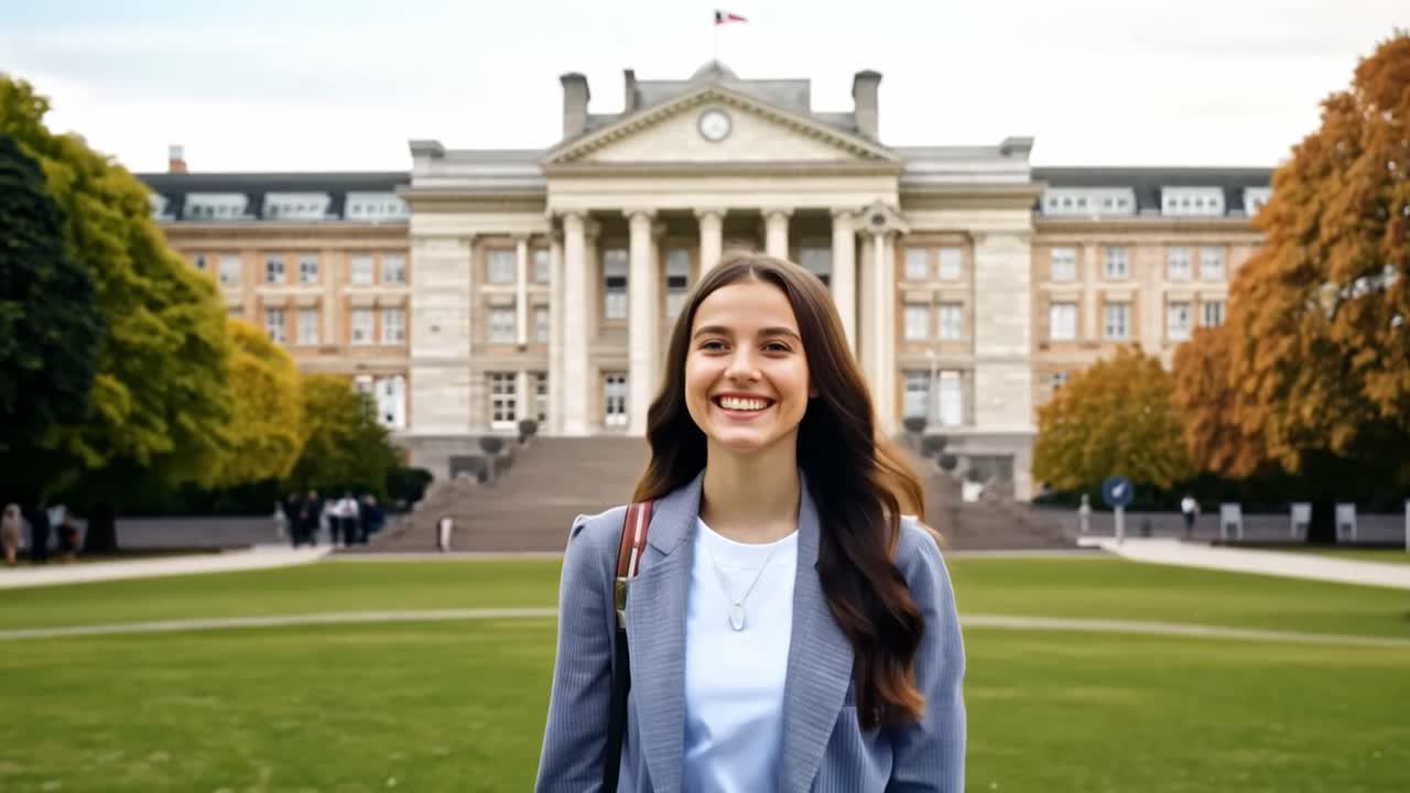 Smilende kvinne på et universitetsområde