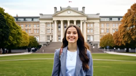 woman smiling on a college campus