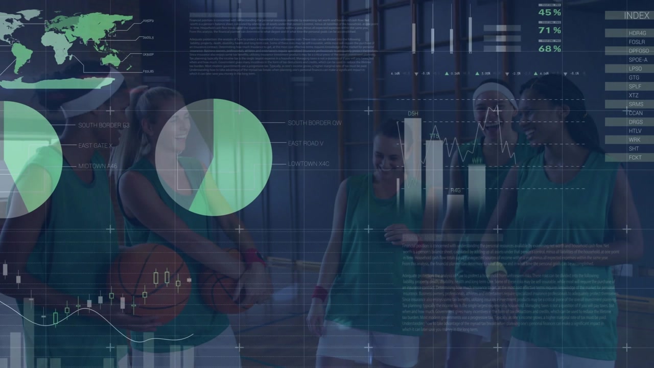 Vertical video: Data animating five women posing on court holding balls, teal jerseys white shorts