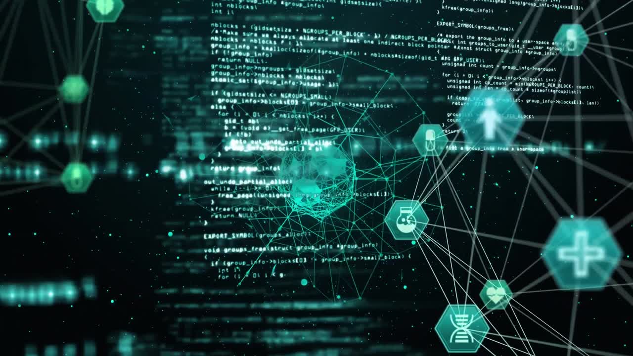 Animation of interface with information and network of connected icons in green and white on black