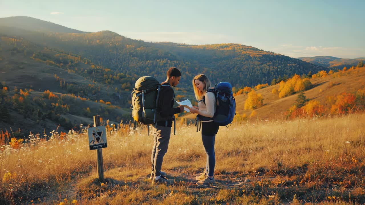 pareja de senderismo en las montañas