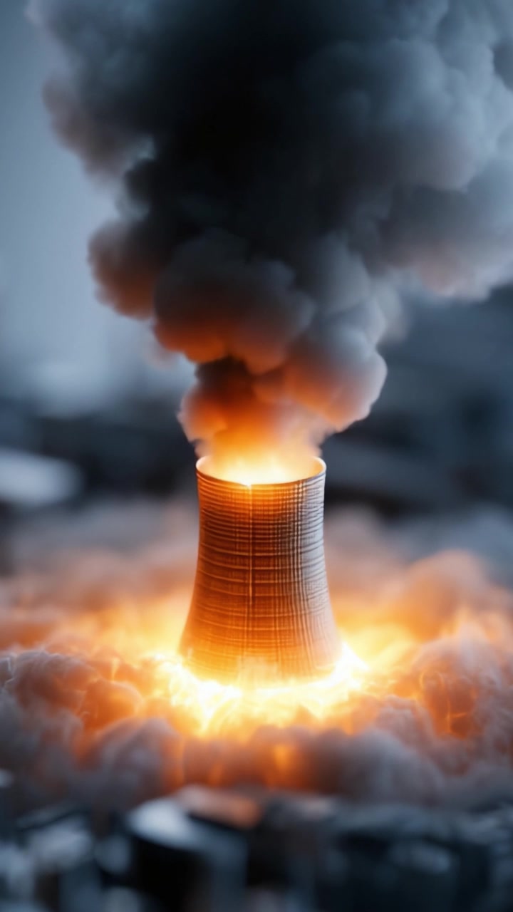A Visual Representation of a Power Plant Reactor in Crisis, Emitting Dark Smoke and Bright Flames, Symbolizing Energy Challenges and Environmental Concerns