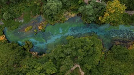 blue eye river spring, albania. natural beauty and vibrant turquoise blue colors. syri i kaltër aerial