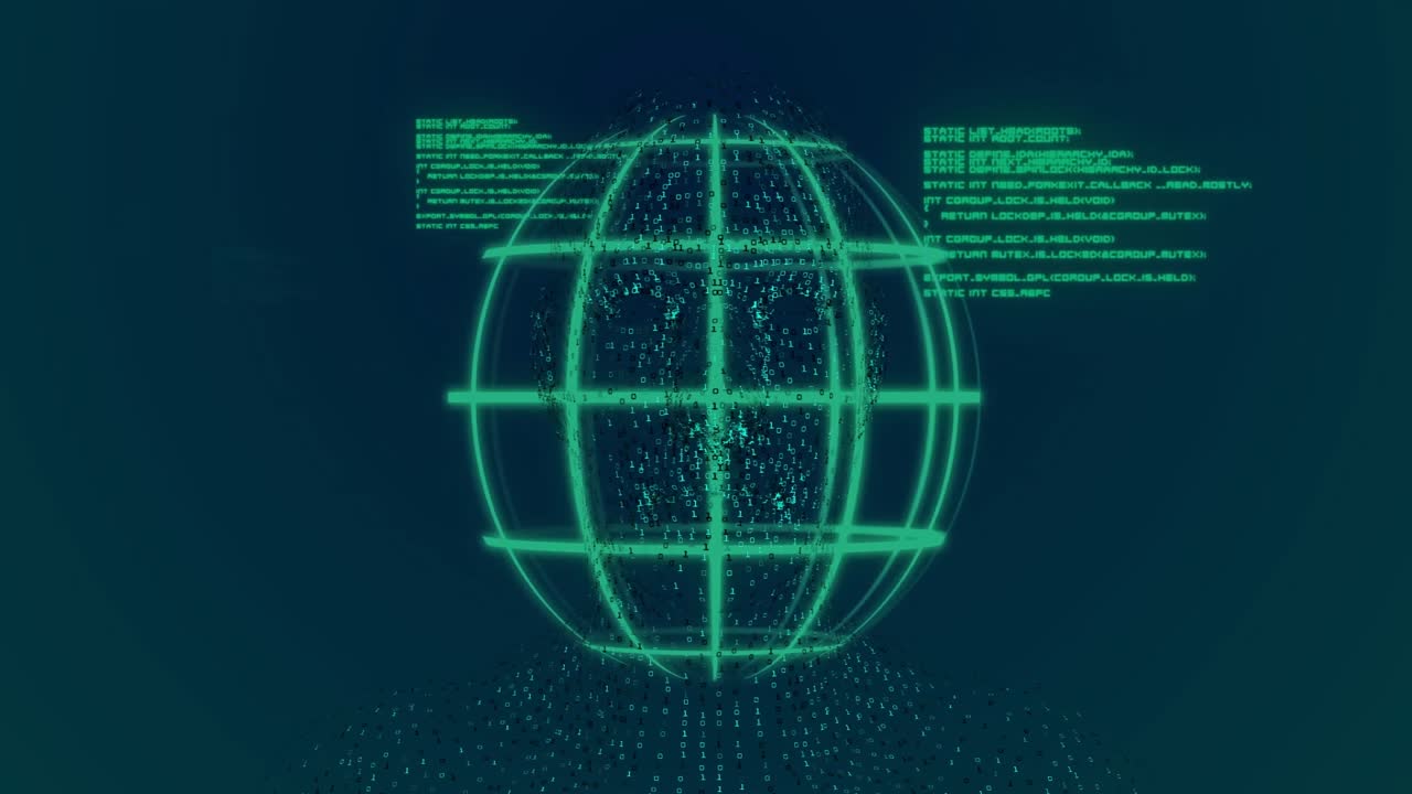 Particles assembling into wire globe sliding code blocks merging, retracting, pulsing for data flow