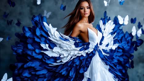 a woman in a white dress with blue butterflies flying around her