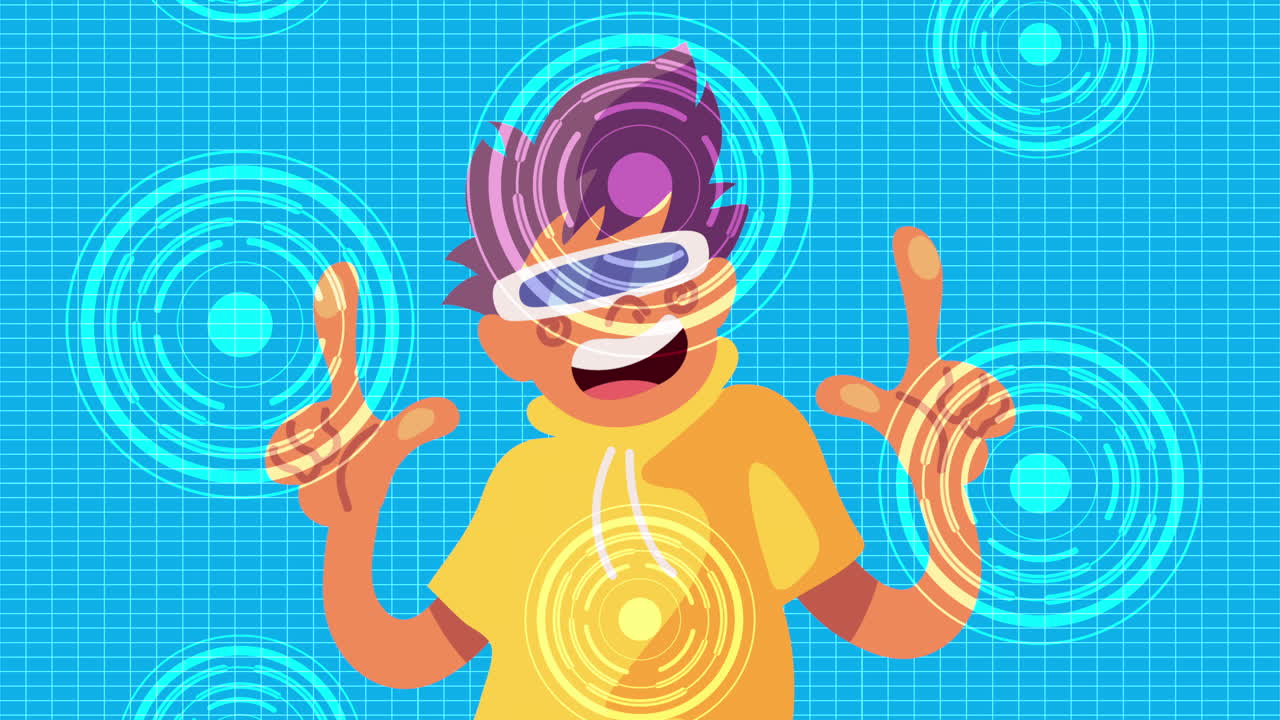 Boy wearing VR headset interacting with digital interface