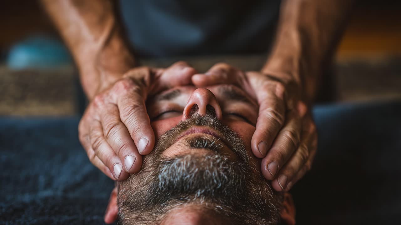 A Relaxing Moment of Touch: Hands Providing a Soothing Facial Massage to a Man, Promoting Wellness and Serenity in a Calming Environment