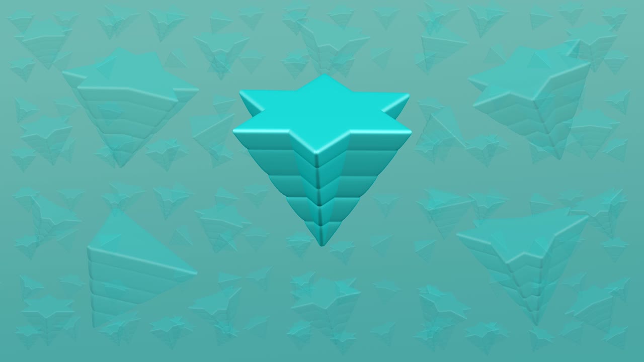 el concepto: inestabilidad. las pirámides turquesas están girando en la superficie turquesa.