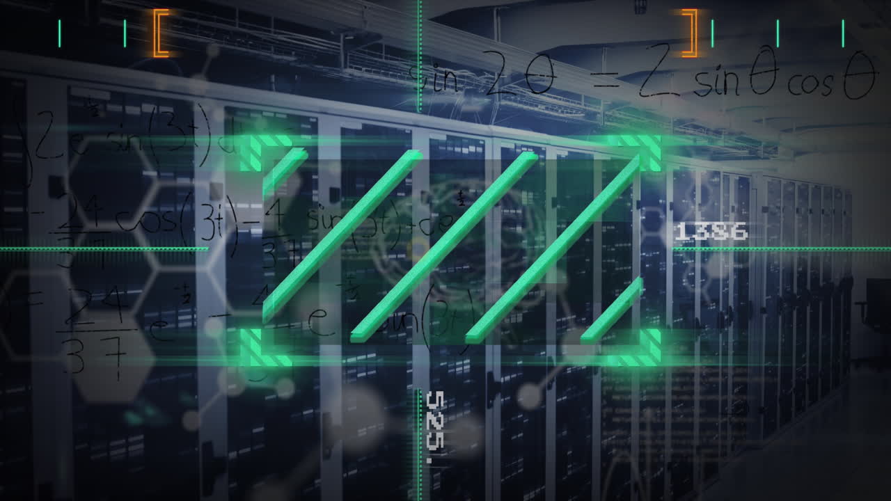 Animation of green scanner over mathematical equations and chemical structures against server room