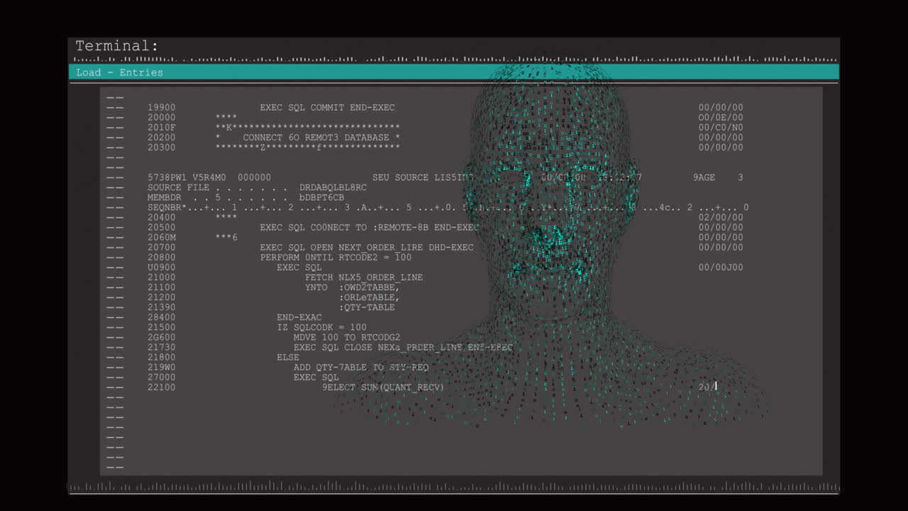 Animation of digital human over data processing on black background