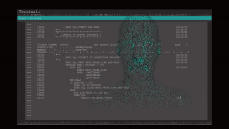 animación de humano digital sobre el procesamiento de datos en fondo negro.