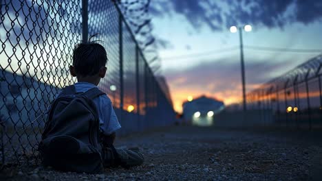 a child sits alone by a fence, symbolizing immigration and border issues