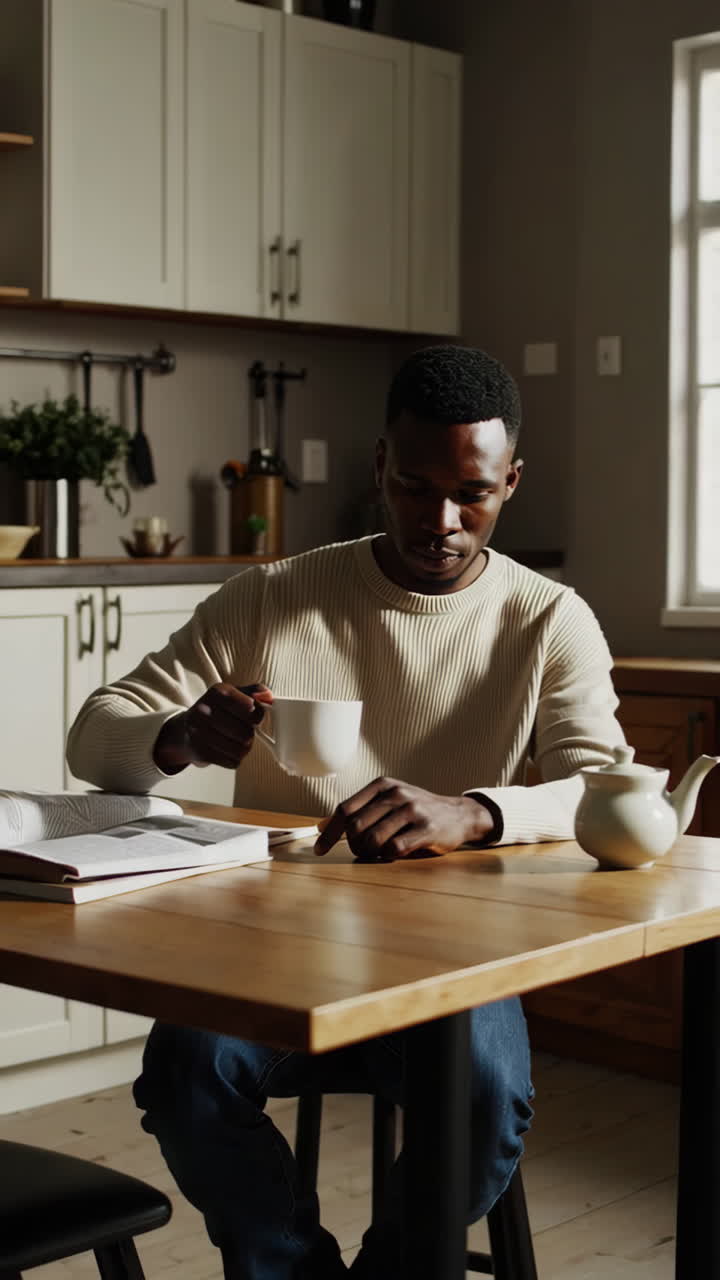 Young man relaxes at home with a book and coffee