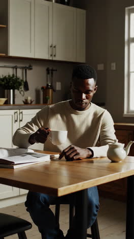 young man relaxes at home with a book and coffee