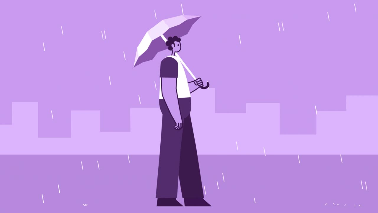 hombre de estilo púrpura personaje plano caminando en bicicleta con paraguas en la lluvia. animación de bucle aislado con canal alfa