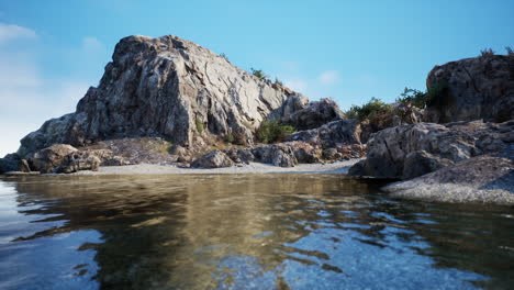 tranquil beach with rocky cliffs and crystal clear water