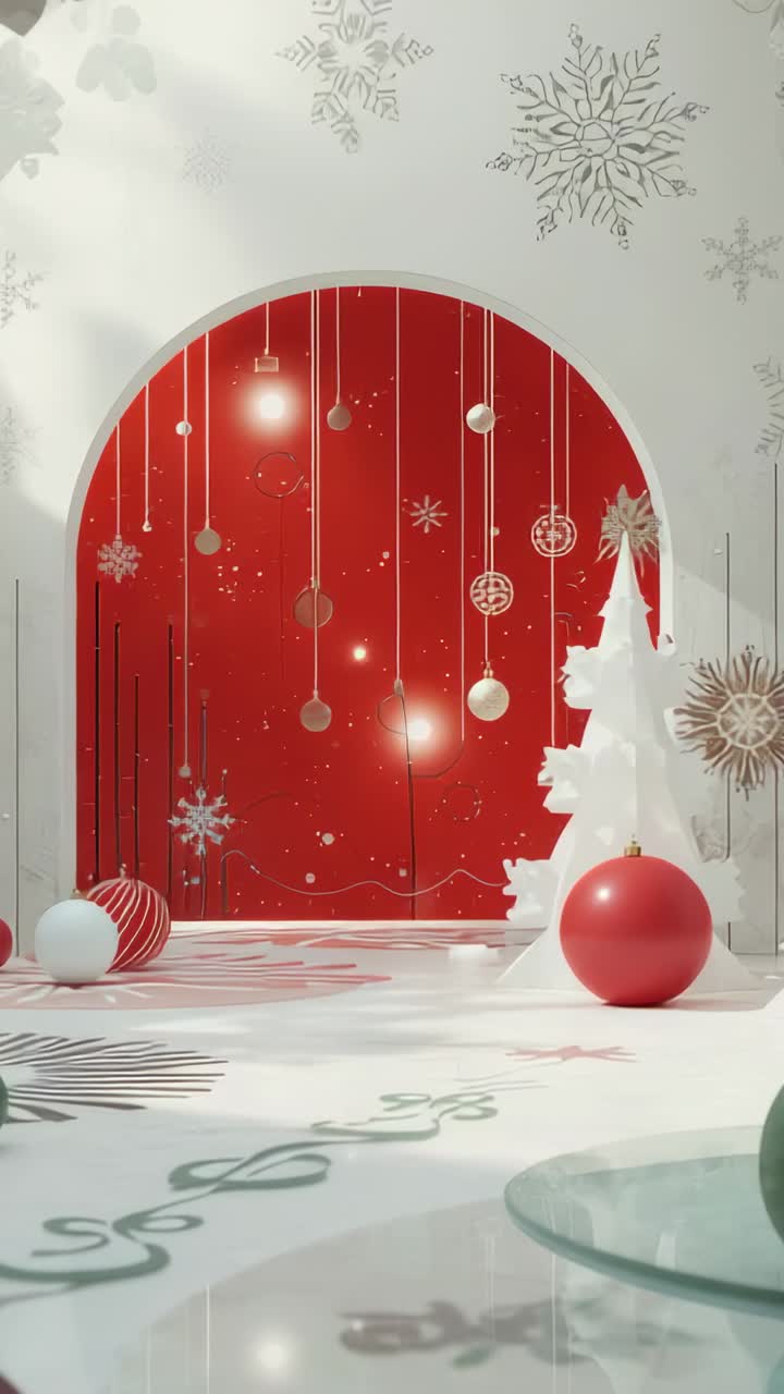 Vertical video: Pulsing red semicircular arch with hanging ornaments illuminating festive room