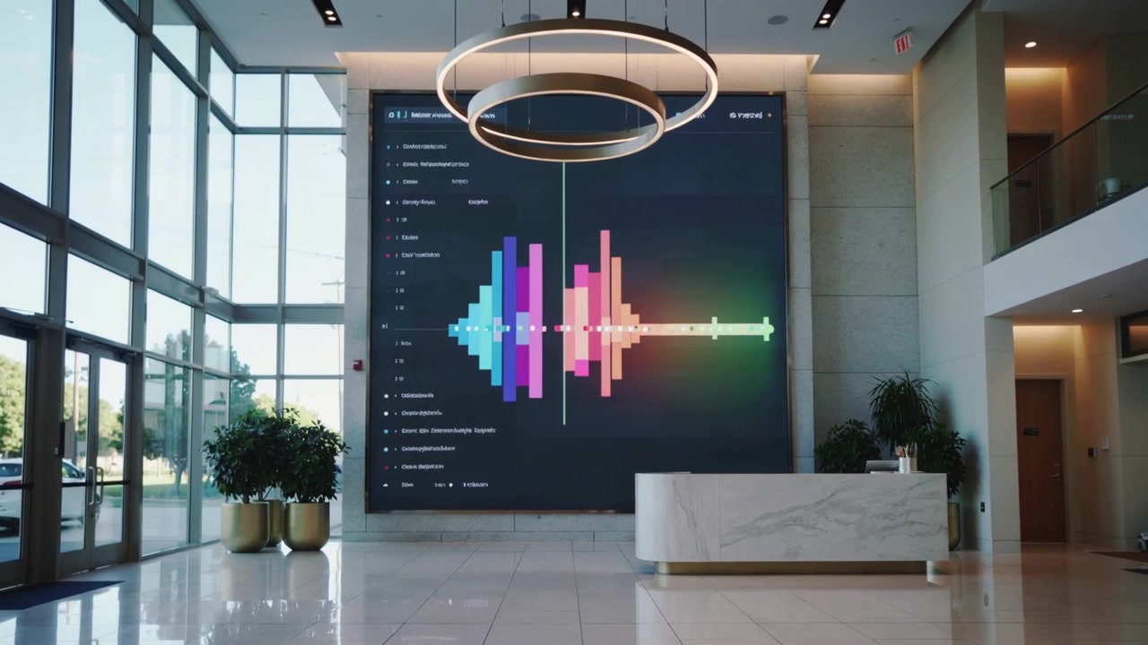 Un pannello LED si accende animando barre colorate nella hall di un'azienda, con il lampadario e il pavimento che riflettono.