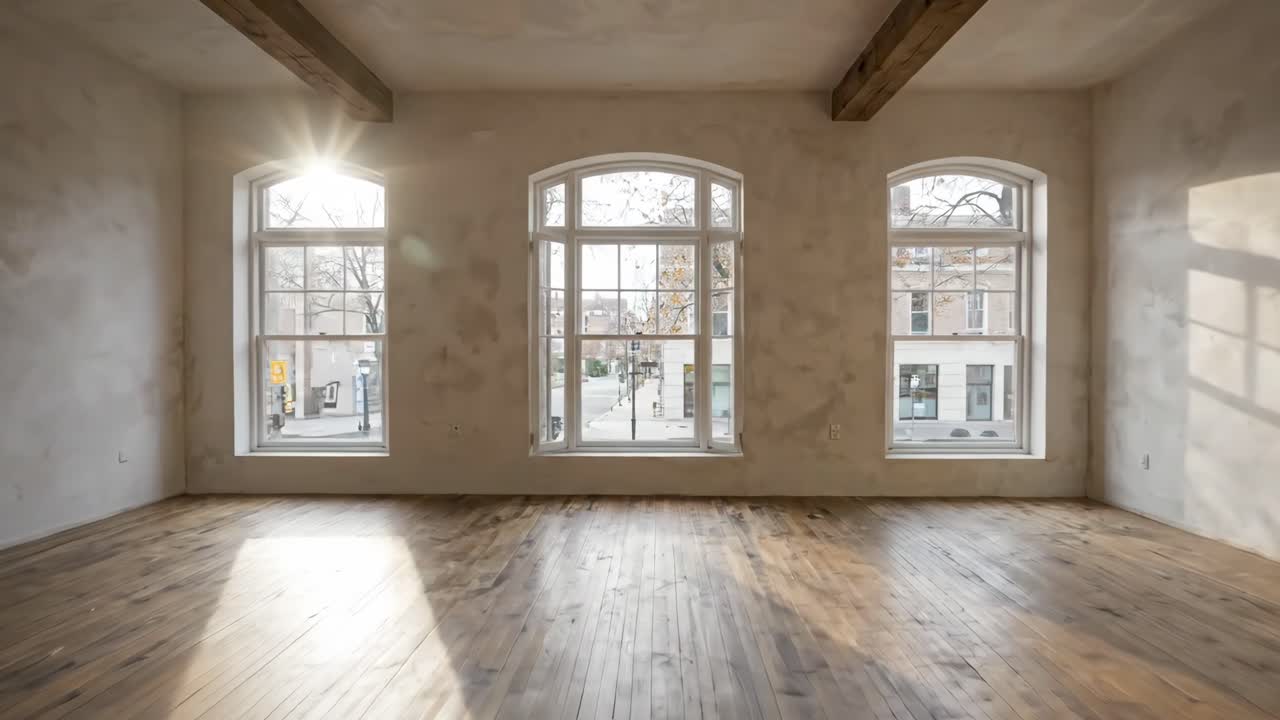 Stanza vuota con pavimento in legno e finestre aperte che si affacciano su una strada urbana