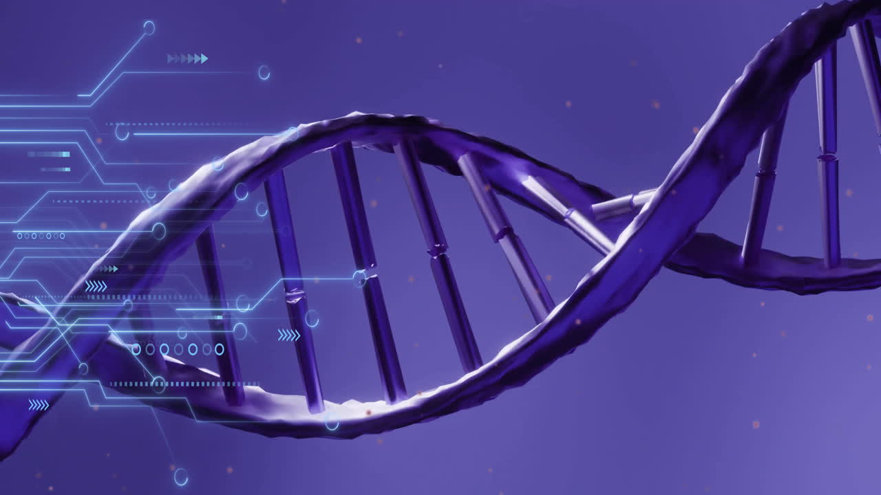 Processing scientific data, DNA strand with binary coding animation in progress