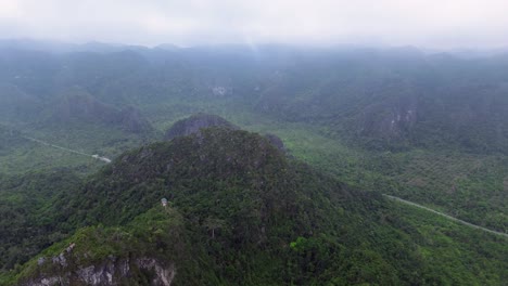 smooth pan left showing jungle-covered cliffs and valleys under cloudy sky
